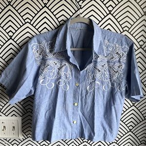 Chambray collared blouse lace inlay super cute button down Shirt cottagecore
